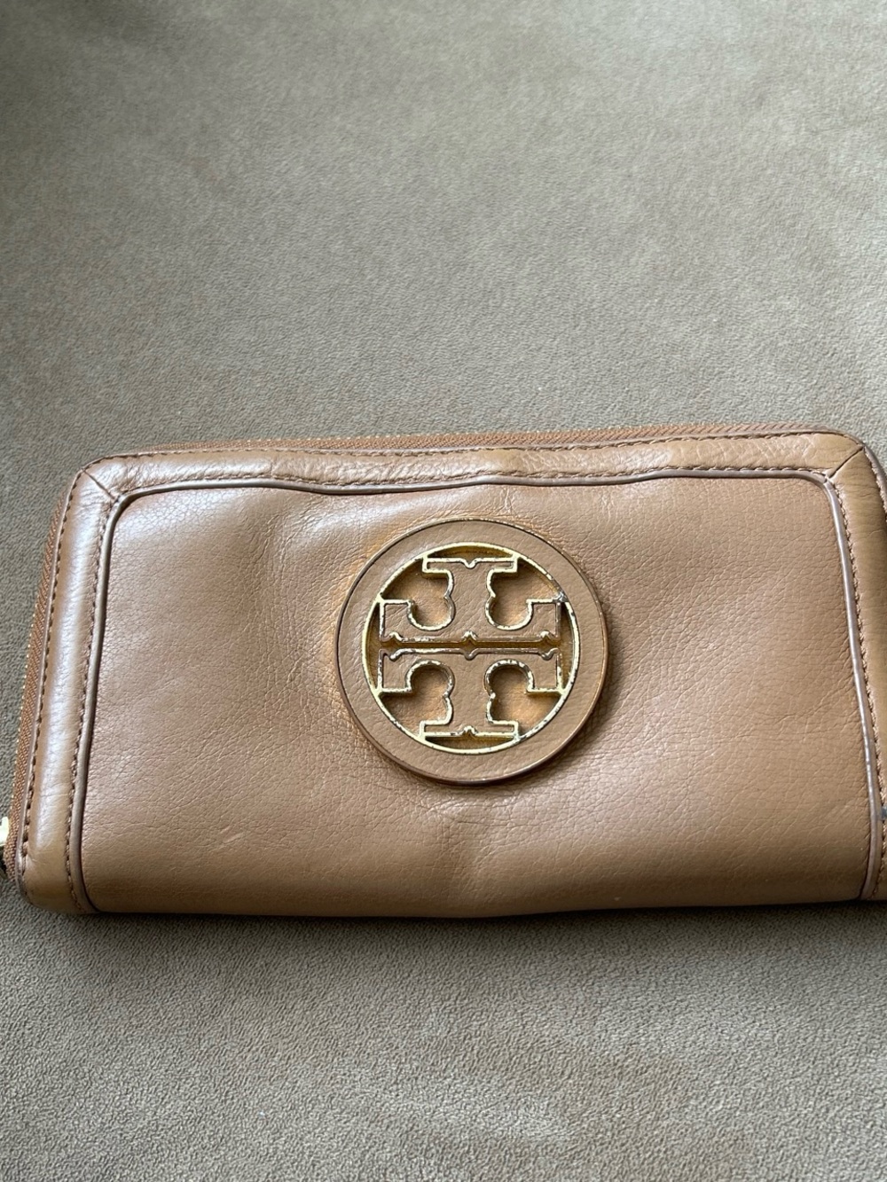Tory Burch Tan Leather Zip-Around Wallet with Gold Logo